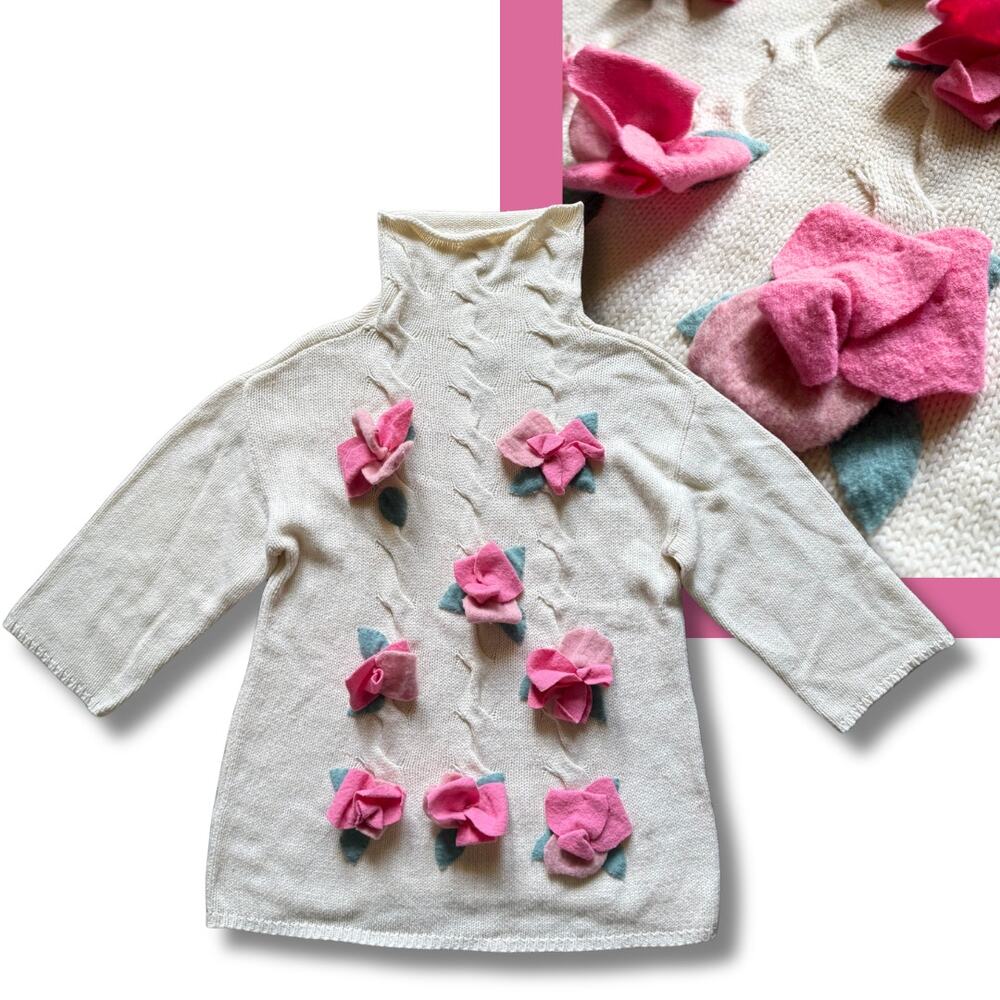 j. jill Cream TurtleNeck Sweater Embellished Pink Rose Cottage Romance Coquette